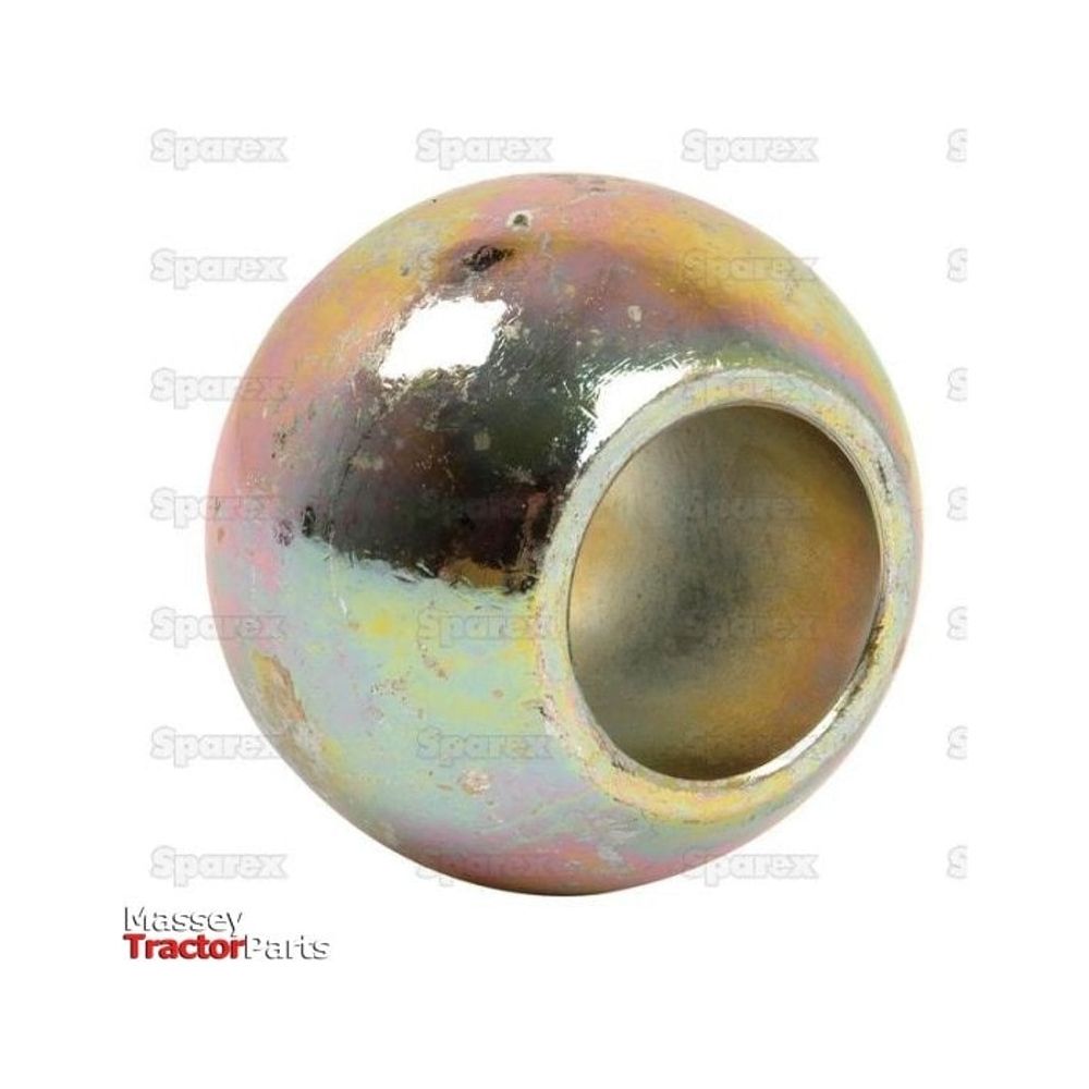 A metal spherical component with a hollow center, displaying a slightly reflective, multi-colored surface, potentially crafted from 1018 Steel. The text "Massey Tractor Parts" and "Sparex" appears in the background, suggesting its association with well-known brands like International Harvester. This product is identified as the Lower Link Ball (Cat. 2/2) - S.57 by Sparex.