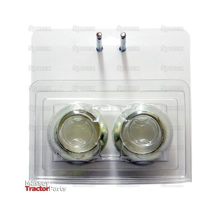 A package containing two metallic tractor parts labeled Sparex is displayed. The packaging, which reads "Massey Tractor Parts" at the bottom left, includes product specifications such as Width: 1 11/16'' and Inner Ø: 1 7/16''. These parts are identified as Lower Link Ball (Cat. 2/3) - S.23058 by Sparex.