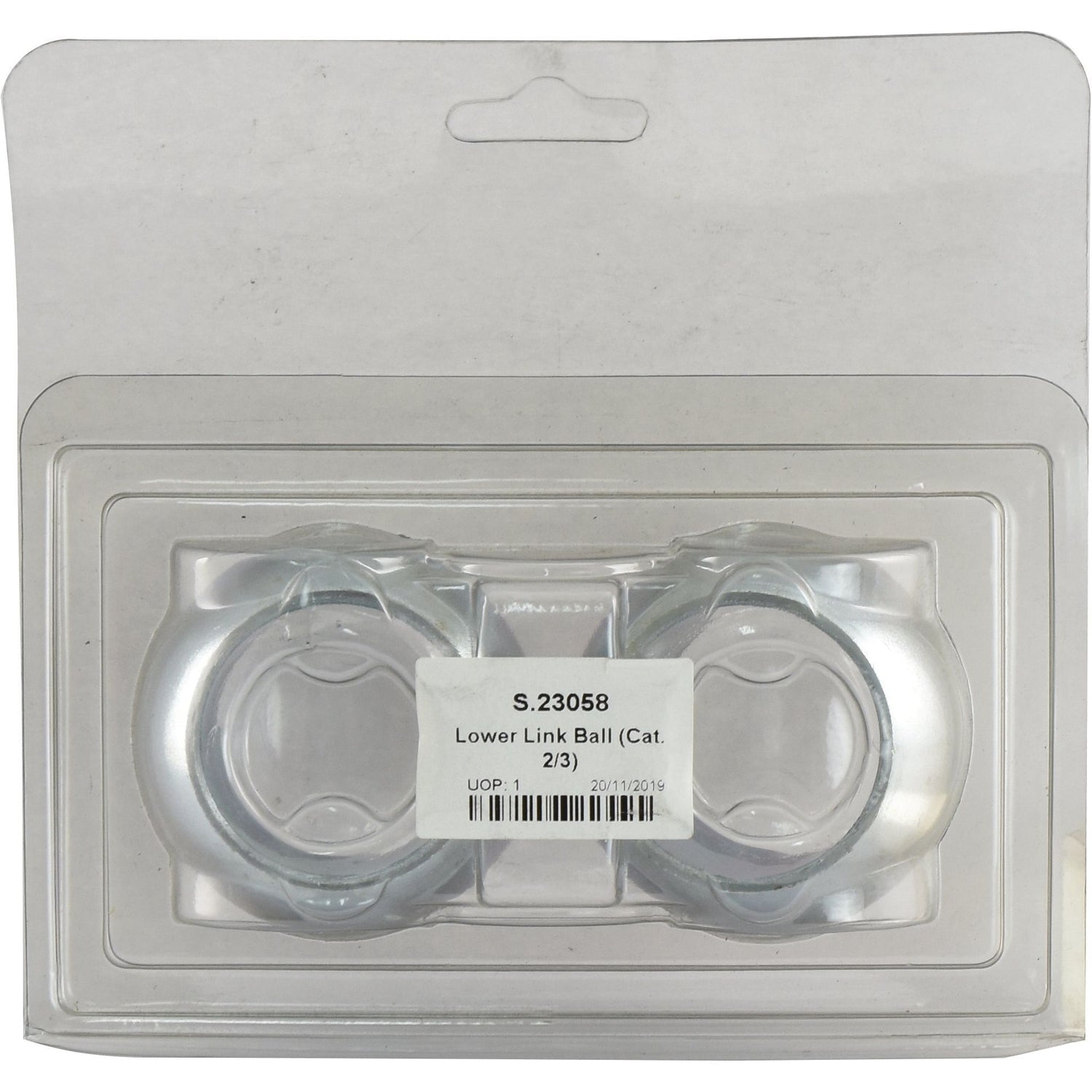 A package containing a pair of lower link balls labeled "Lower Link Ball (Cat. 2/3) - S.23058" is available. The package includes 2 pieces, sealed in clear plastic casing with a white cardboard backing, serving as an alternative to 3058. The brand is Sparex and the material specifications are ID: 1 7/16'' and OD: 2''.