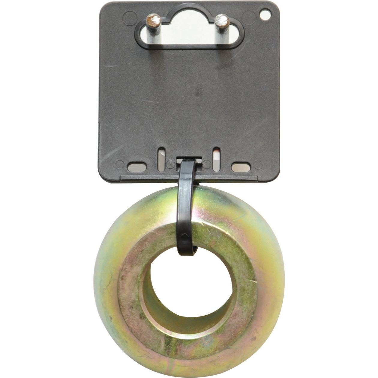 The Sparex Lower Link Ball (S.933006) features a metal ring with an inner diameter of 1 1/8", securely attached to a black plastic mount bracket using screws.