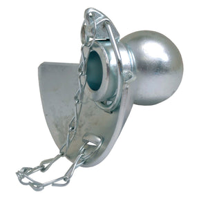The "Lower Link Ball, Guide Cone and Linch Pin (Cat. 2/2) - S.33000" by Sparex is designed to secure a trailer to a towing vehicle with its robust lock mechanism, spherical top, and attached chains, catering to various towing needs while ensuring superior security.
