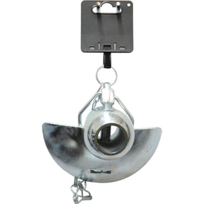 A heavy-duty trailer hitch with a metal locking mechanism attached to a base plate, featuring a prominent circular coupling and a chain, the Sparex Lower Link Ball - S.933000 alternative.