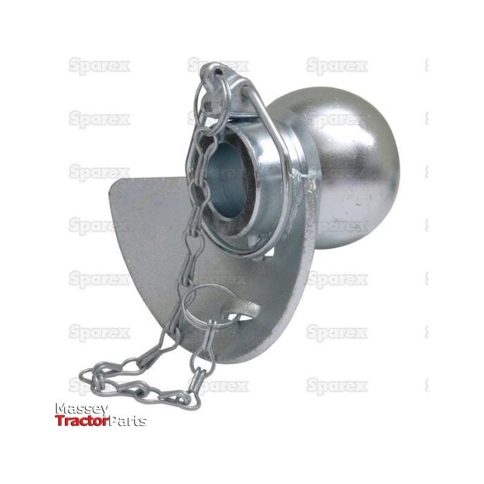 The Lower Link Ball, Guide Cone, and Linch Pin (Cat. 3/2) - S.33001 by Sparex features a spherical top and an attached securing chain, making it suitable for various applications. Branded with the "Massey Tractor Parts" logo in the background, this product ensures reliable manufacturing quality.