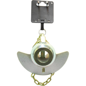 The Lowr Link Ball - S.933001 by Sparex, a silver metal wheel lock with an attached chain mounted on a black plastic backing, serves as the ideal spare part for secure setups. Designed with a 1 1/8'' ID, this component ensures both durability and reliability.
