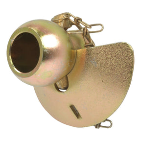 Close-up of the Sparex Lower Link Ball, Guide Cone and Linch Pin (Cat. 3/3) - S.33002, featuring a spherical component, a slot, and various hooks. The object has a golden finish and is ideal for intricate mechanical tasks.