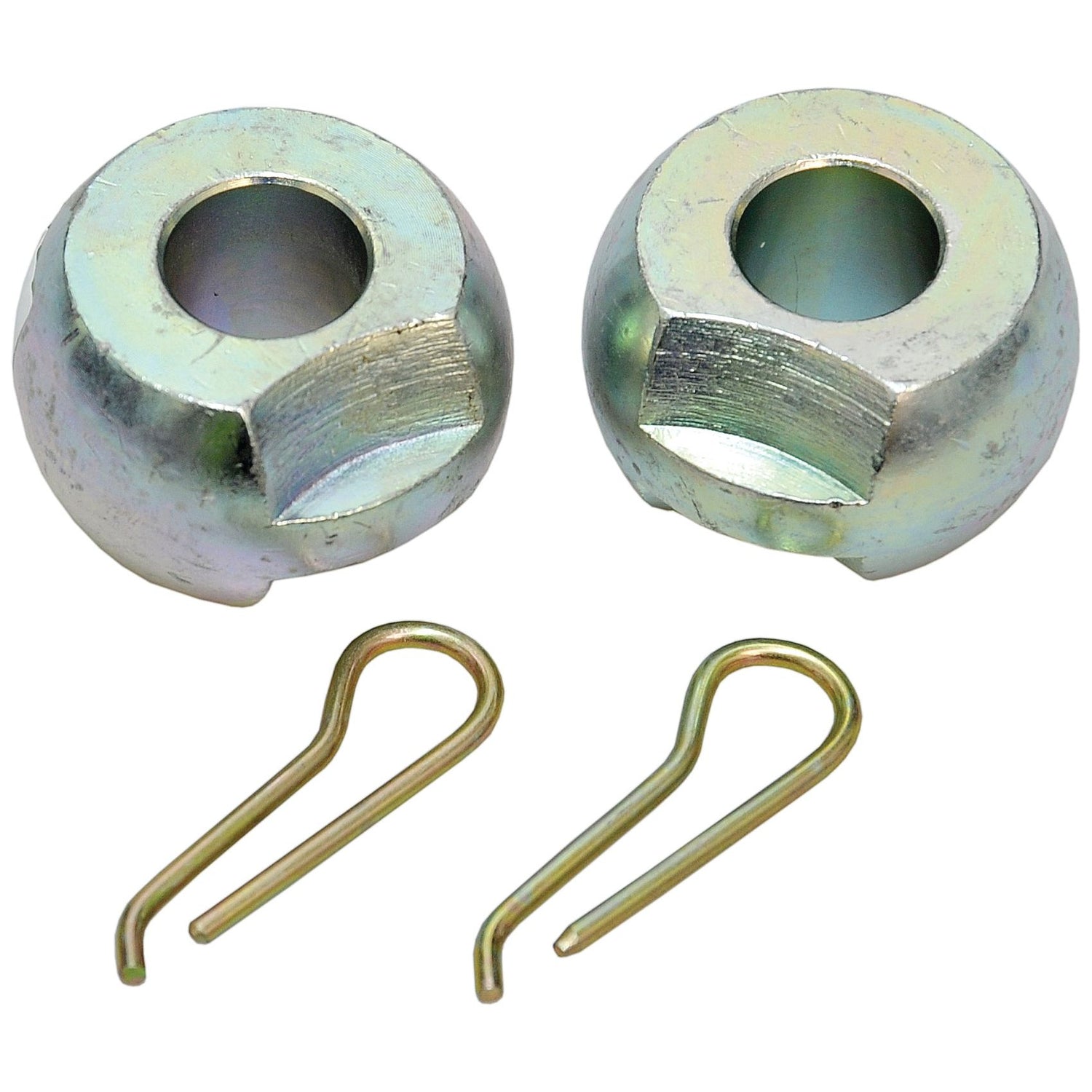 Four precision-engineered Sparex components are arranged on a white background. The set, which includes two spherical metal lower link balls with holes and indented slots, along with two U-shaped retaining clips, is identified by the part number S.12237. These products, known as Lower Link Balls & Retaining Clips (Cat. 1/1) from the brand Agripak's Sparex series, showcase sturdy construction reminiscent of Massey Ferguson parts like the S.1730 or S.1728.