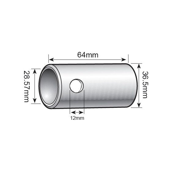 Technical drawing of the Lower Link Conversion Bush (Cat. 3 to 2) - S.3010 for Sparex with measurements. Tube length is 64 mm, outer diameter is 36.5 mm, inner diameter is 28.57 mm, and there is a hole with a diameter of 12 mm on the side suitable for a lower link application.