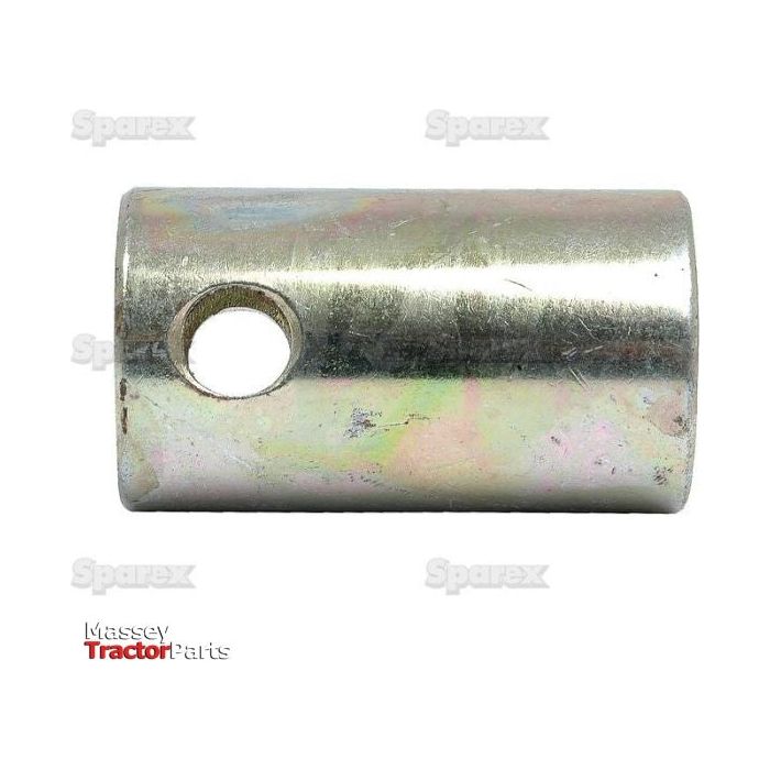 Here's a rephrased version of the sentence using the provided product data:

A cylindrical metallic sleeve with a small circular hole near one end. The background features faint text reading "Sparex" and "Massey Tractor Parts." This Lower Link Conversion Bush (Cat. 3 to 2) – S.3010 from Sparex is precisely 28.57mm in diameter, ensuring a perfect fit for your tractor's linkage system.