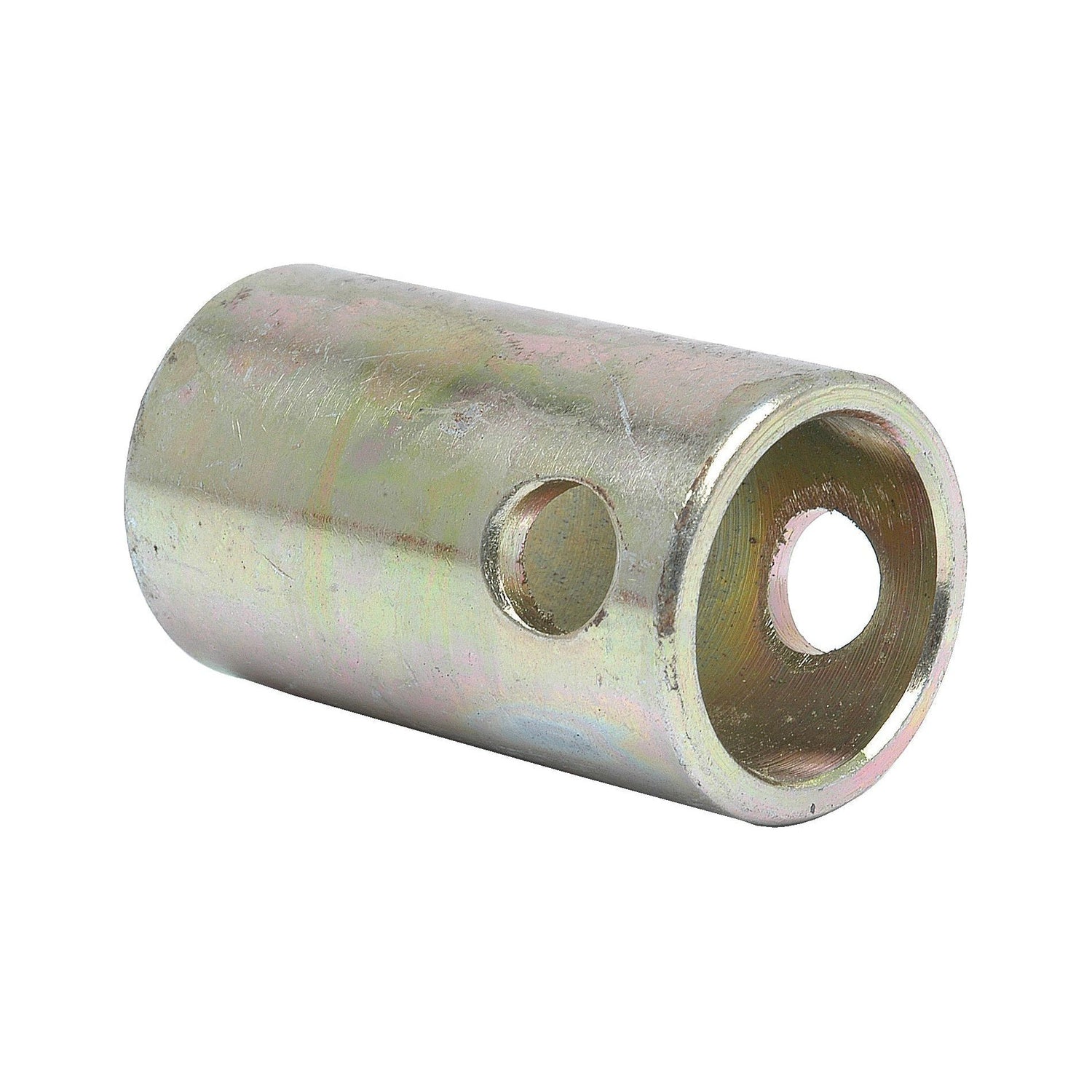A metallic cylindrical coupling with two holes, one larger at the open end and a smaller one on the side, compatible with Sparex Lower Link components.