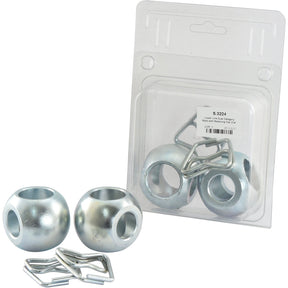 The image displays two metallic spheres with hollow centers and two retaining clips, identified as Lower Link Dual Category Balls with Retaining Clips (Cat. 1/2) by Sparex. Another identical set of these well-crafted products, which includes detailed usage information, is shown in packaging behind them.