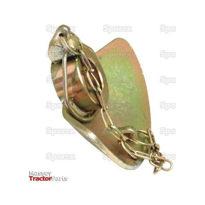 A close-up of the Lower Link Guide Cone and Linch Pin (Cat. 2/2) - S.33033, showcasing its metallic structure with a chain and pin. The background displays a repeating pattern of the "Sparex" logo, indicating it is suitable for Massey Tractor Parts, with the text visible in the bottom left corner.