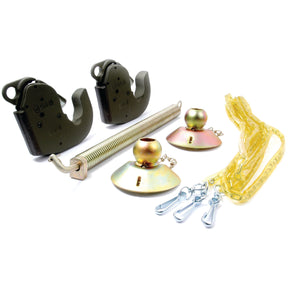 The Lower Link Hook Conversion Kit (Cat. 2) by Sparex, Part No. S.33036, is an ideal addition to your welding area tools. It includes two hitch hooks, a coiled spring, two dome-shaped pieces with attached chains, and yellow chains with hooks at the ends—perfect for tractors and suited for your mechanical needs.