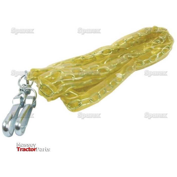 A heavy-duty Lower Link Hook Release Cord, measuring 4 meters in length, with Lower Link Hooks on its ends and partially enclosed in a yellow plastic cover. The Sparex and Massey Tractor Parts logos are visible in the background. Product No.: S.33016.