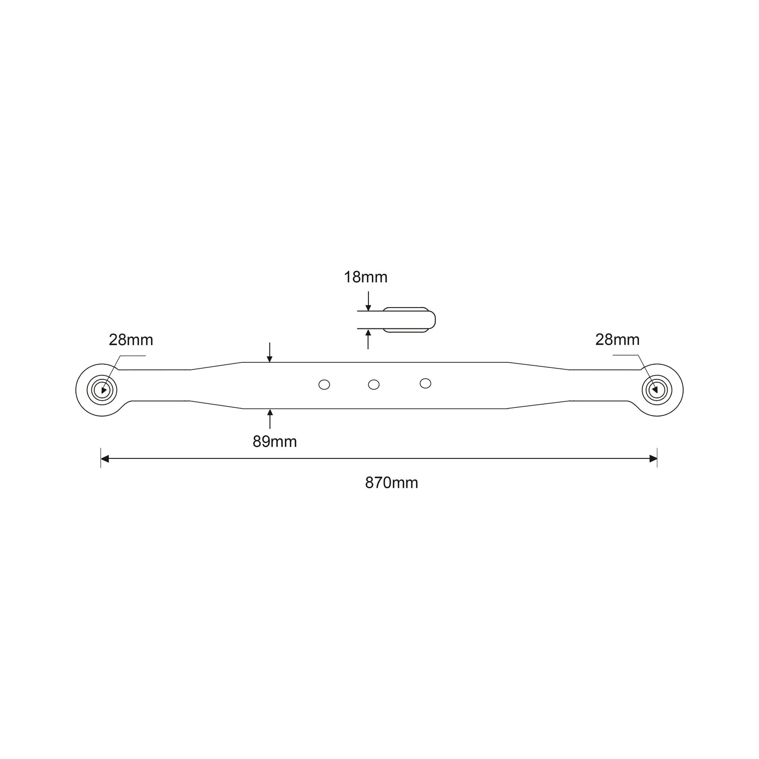 Technical drawing of the Sparex Lower Link Lift Arm (Sparex Part No. S.15181) with an overall length of 870mm, featuring two ball end sections each measuring 28mm, a central section of 18mm, and three holes spaced 89mm apart.