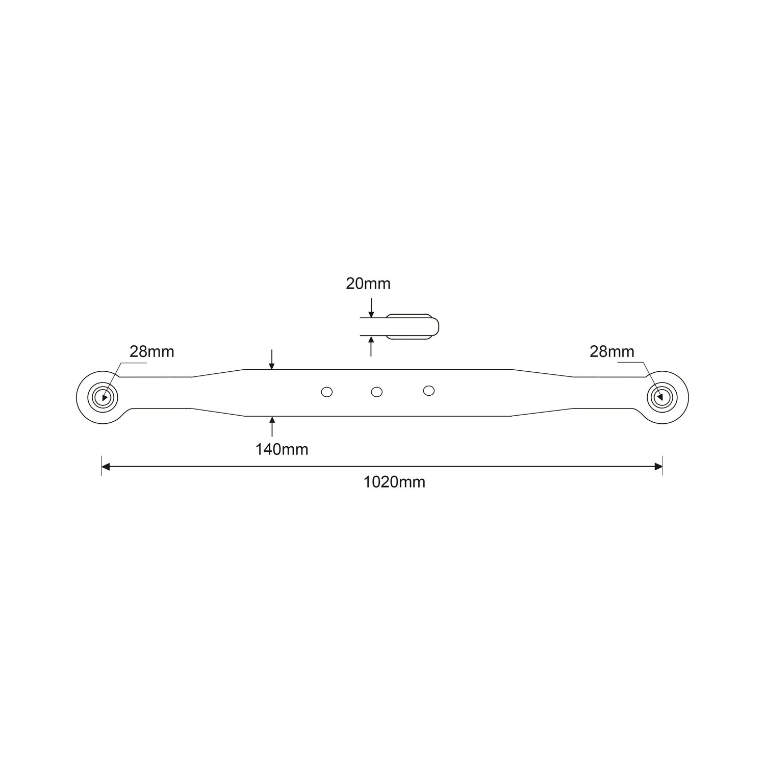 Technical diagram of the Sparex Lower Link Lift Arm (Ball Ø 28mm - Ball Ø 28mm - RH | Sparex Part No. S.41005) illustrates dimensions: 1020mm in length, 28mm wide at both ends, and tapering to 20mm wide at the center section; midsection span covers 140mm. Suitable for Massey Ferguson applications, this black metal rod includes precise Ball Bore Ø details for accurate fitting.