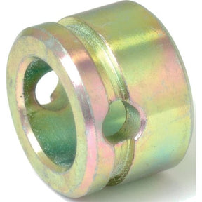 A metallic cylindrical component with an inner hole and an outer ridge, featuring a side hole, shown in a slightly angled view. This precision-engineered part, known as the Lower Link Sensing Bush (Sparex Part No.S.60467), is ideal for use on John Deere machinery by Sparex.