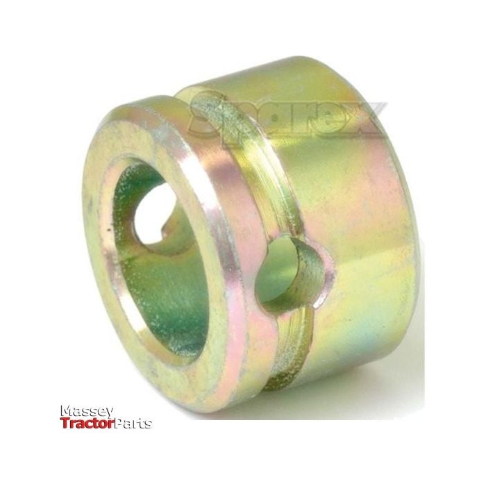 A metallic lower link sensing bush with a hollow center and two side holes. The image includes the Massey Tractor Parts and Sparex logos, indicating it's suitable for Lower Link Sensing Shafts in John Deere tractors. This product is listed as the Lower Link Sensing Bush | Sparex Part No. S.60467, under the brand name Sparex.