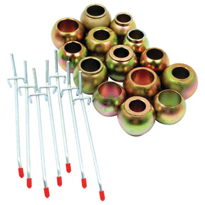 A collection of Sparex Lower Link & Top Link Balls (Cat. Lower Link Ball 2/2, 2/3, 3/3, Top Link Ball 2/2, 2/3, 3/2, 3/3) and metallic pins with red tips from the S.23388 Dispenser kit is laid out on a white background.