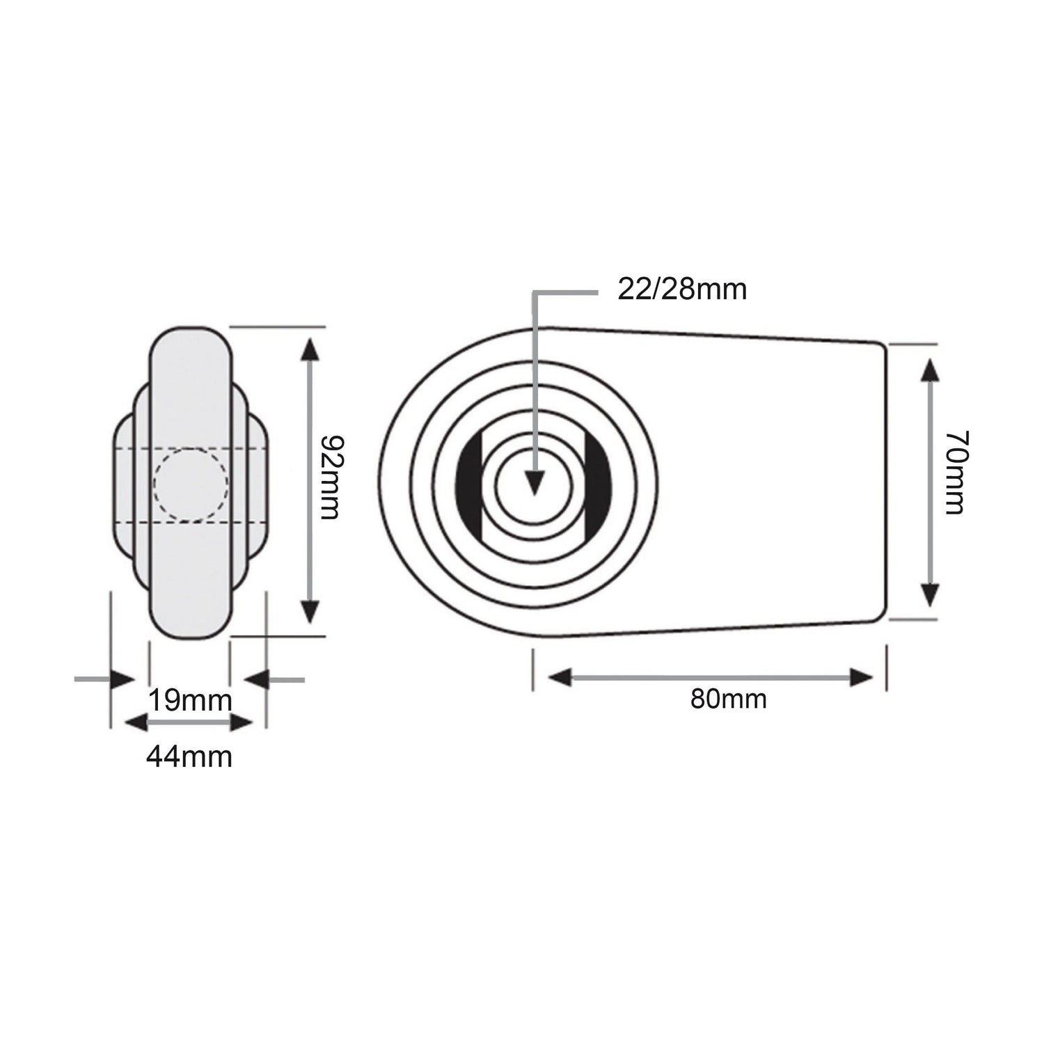 Here’s a technical drawing for the Lower Link Weld On Ball End (Cat. 1/2) from Sparex, part number S.3270: the front view shows a cylindrical object with 92mm height and 44mm width; the side view depicts an 80mm working length and 70mm height; the cross-section reveals a 22mm inner diameter and a 28mm outer diameter.
