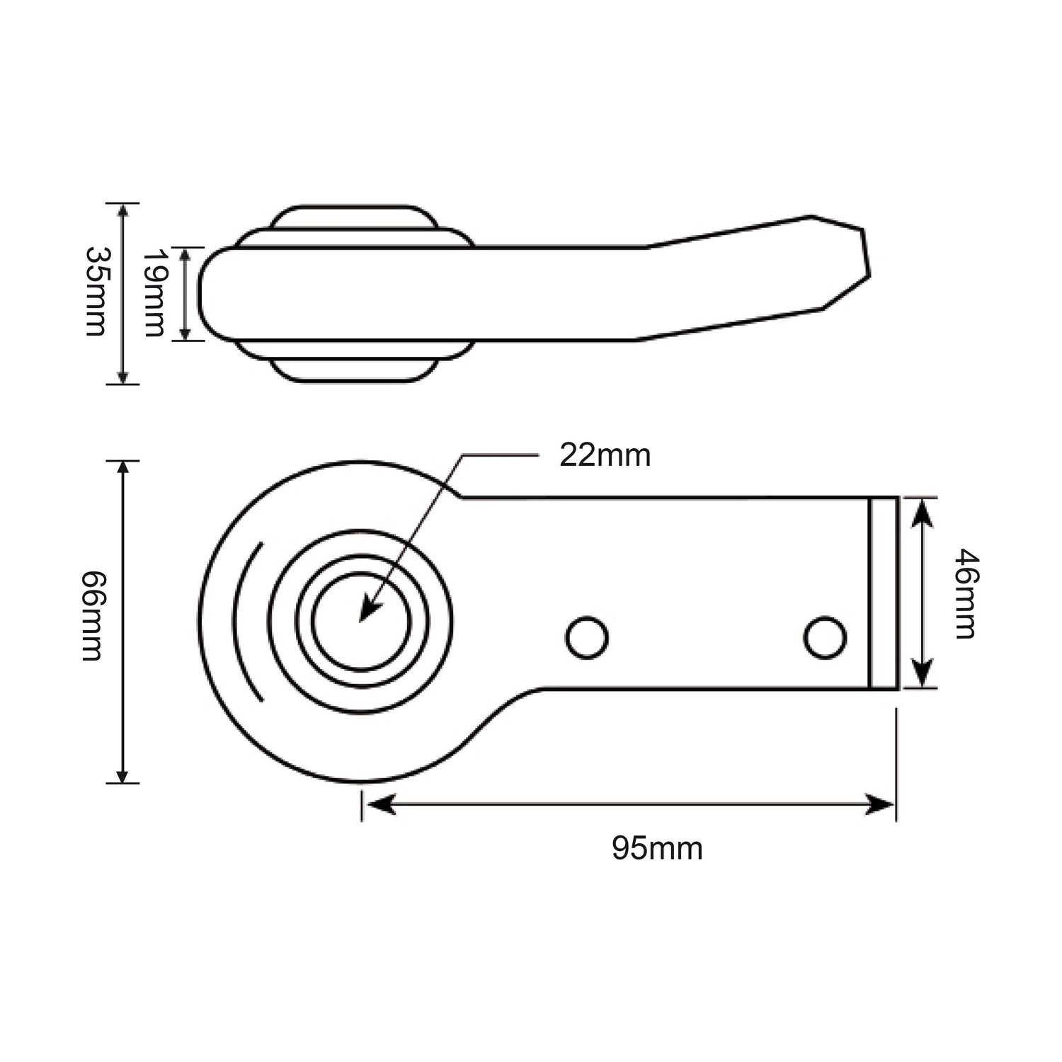 Technical drawing of the Lower Link Weld On Ball End (Cat. 1) LH from Sparex, annotated with various measurements in millimeters: 66x95, 35x19, 22, and 46. The welding length details and Massey Ferguson specifications are included for precise assembly. Sparex Part No.S.22755.
