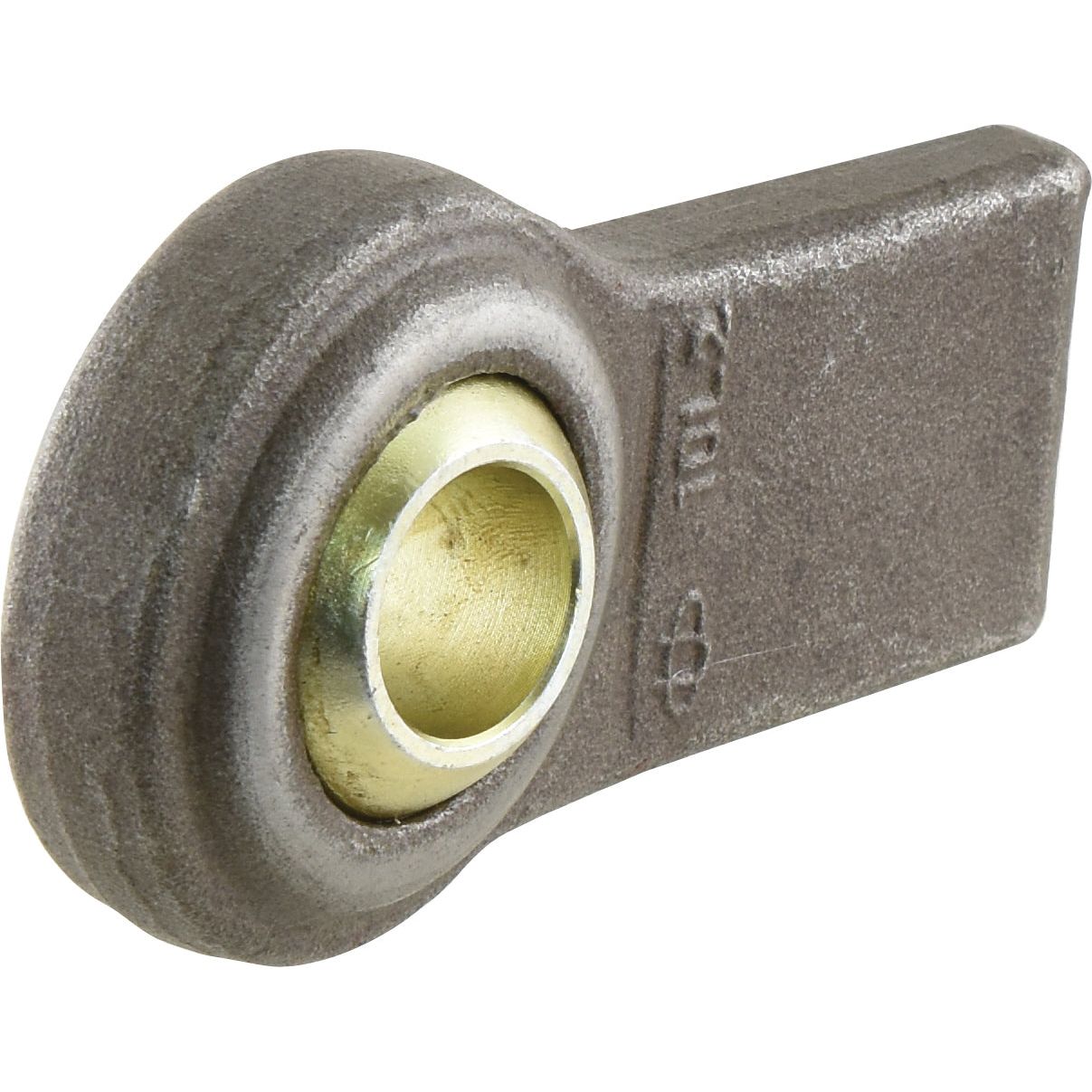 The Sparex Lower Link Weld On Ball End (Cat. 1) LH, part number S.22755, is a metal component with a bronze bushing and a central hole for attachment. It features a textured surface and markings on the body, and is compatible with Ford New Holland machinery.