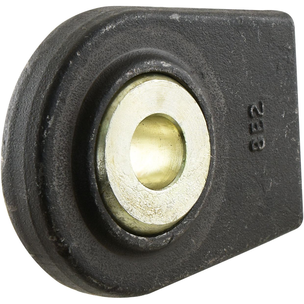 A close-up of the Sparex Lower Link Weld On Ball End (Cat. 1) | Sparex Part No.S.3373, showcasing a black metal bracket with a circular metal insert in the center, featuring engraved markings indicating the working length.