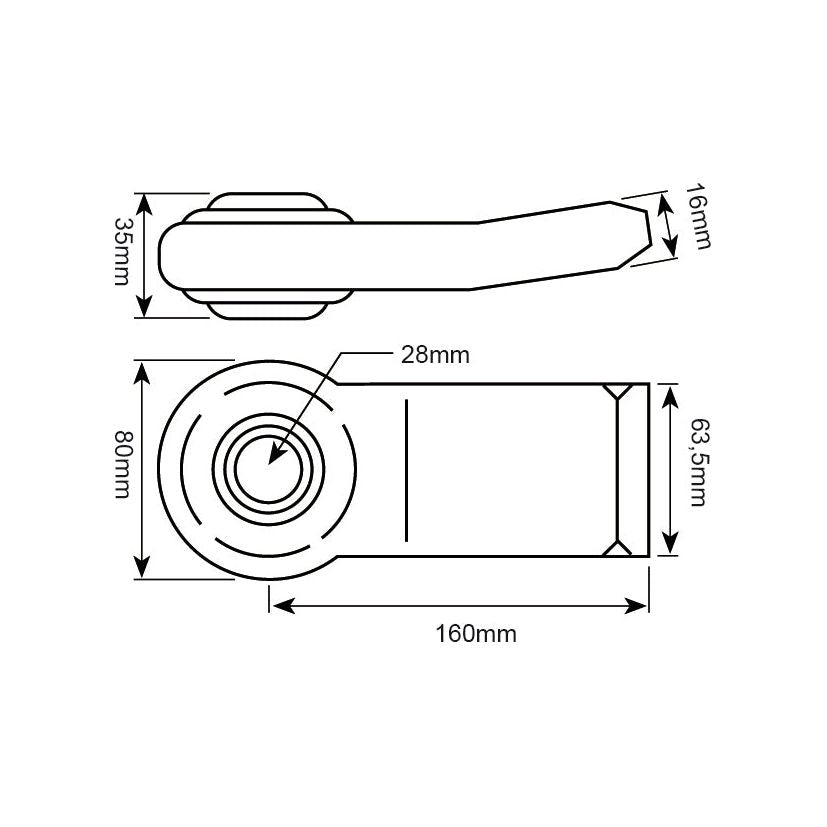 A technical drawing of a Sparex Lower Link Weld On Ball End (Cat. 2) LH | Sparex Part No.S.60024, with dimensions: length 160mm, width 63.5mm, height 35mm, handle length 80mm, handle width 16mm, and circular center area diameter 28mm.