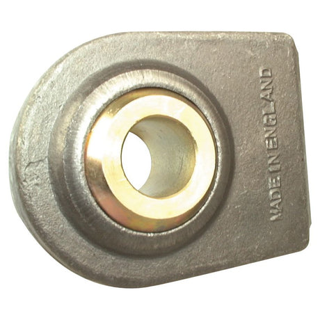 Close-up of a metallic industrial component, the Lower Link Weld On Ball End (Cat. 3) from Sparex (Sparex Part No. S.4215), featuring a central hole with "MADE IN ENGLAND" engraved on the surface and marked as Extra Heavy Duty.