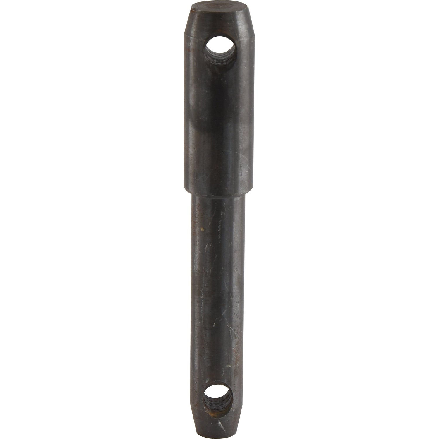 The Sparex Lower Link Weld On Implement Mounting Pin 22 - 28x181mm Cat. 1/2 (Sparex Part No.S.210), a black metal rod with holes drilled at both ends and boasting a precise overall length, stands vertically against a white background.