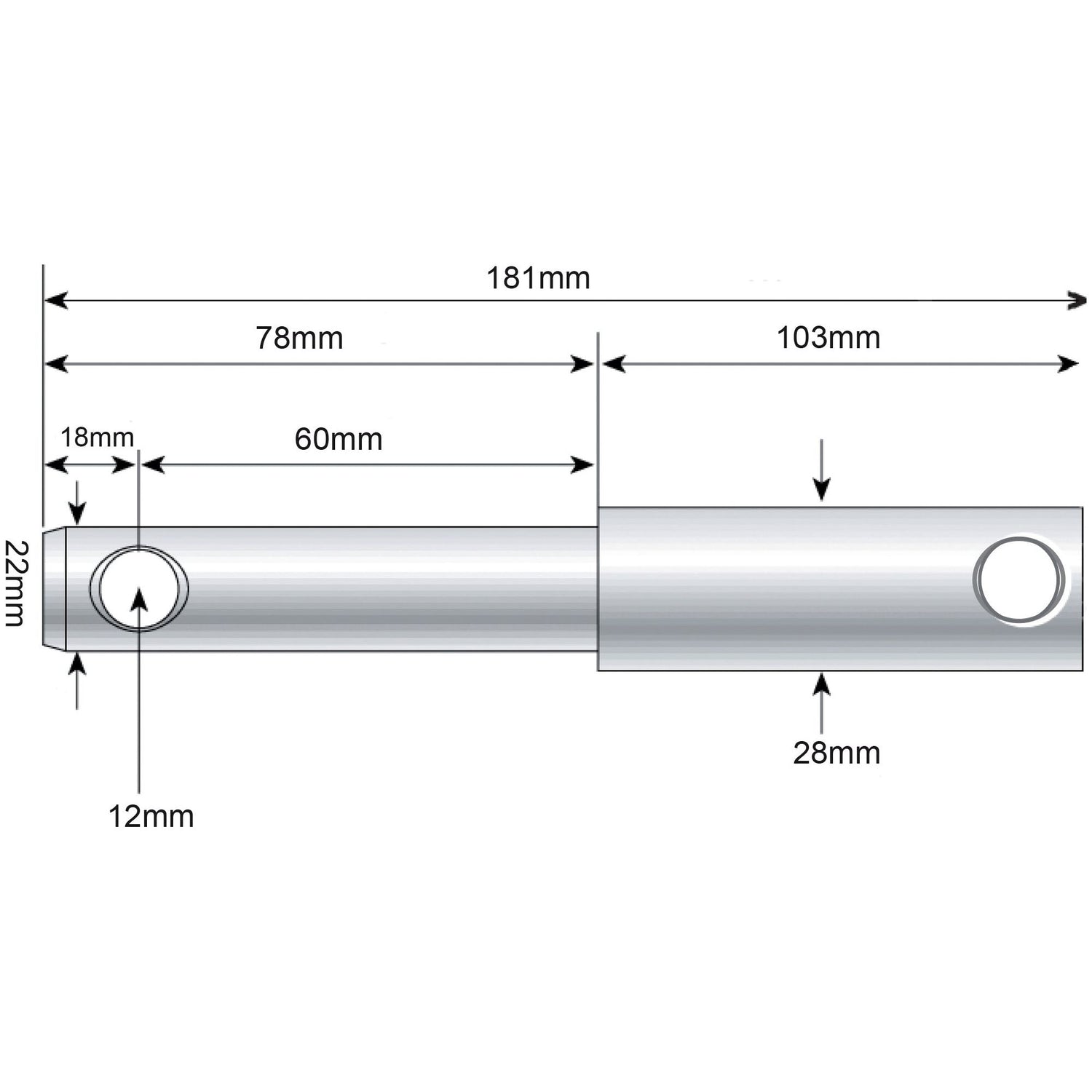 Technical drawing of the Sparex Lower Link Weld On Implement Mounting Pin 22 - 28x181mm Cat. 1/2 (Sparex Part No.S.214), detailing dimensions in millimeters, including overall length, working length, diameters, and distances between features.