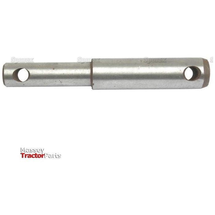 A Lower Link Weld On Implement Mounting Pin 22 - 28x181mm Cat. 1/2, featuring two holes and a small notch in the middle, adorned with the Massey Tractor Parts logo from Sparex. The pin ensures a precise fit with its Ø dimension and optimal working length for diverse applications. (Sparex Part No.S.214)