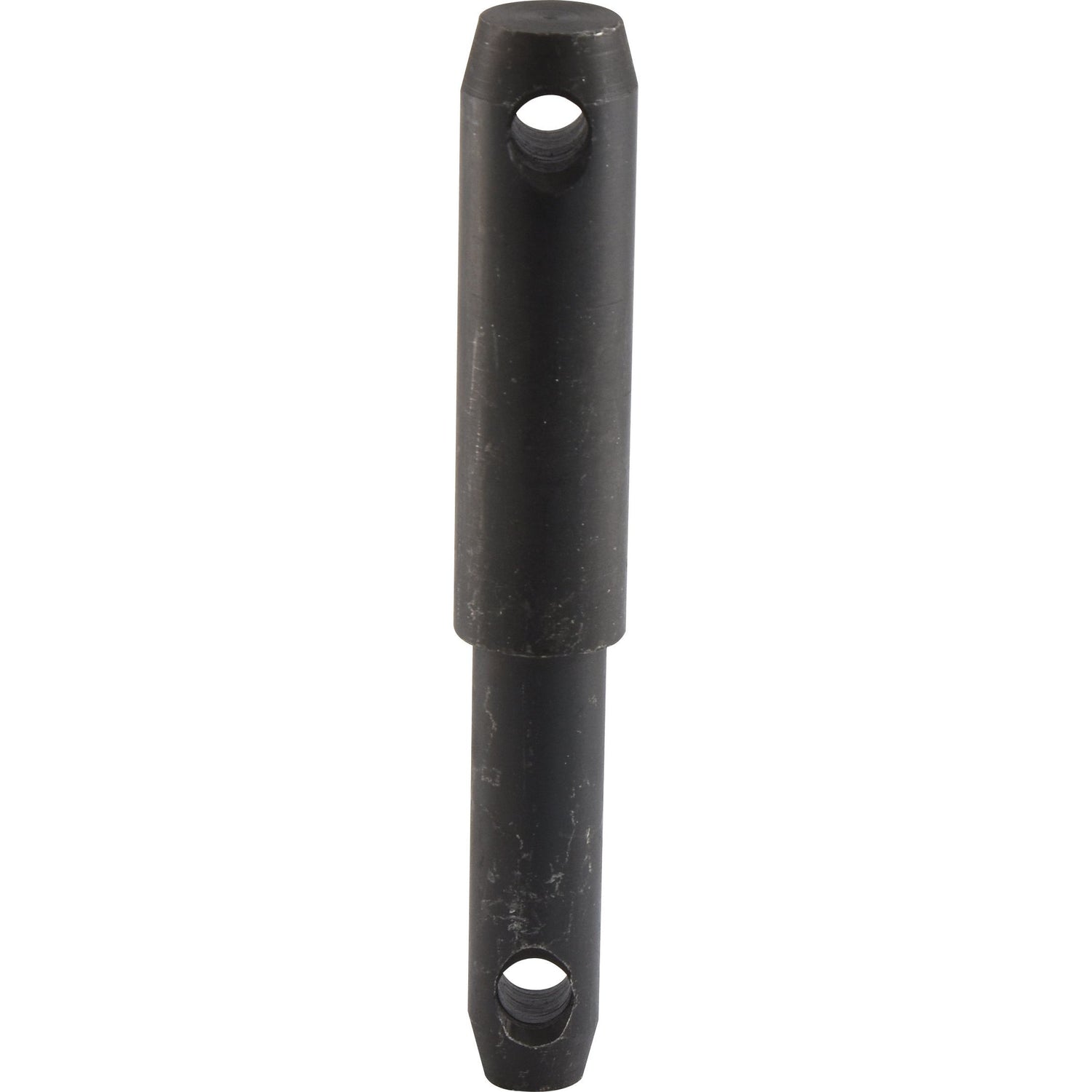 A black metal cylindrical object with a hole at each end, potentially a mechanical or structural component, featuring an overall length integral to its design is the Lower Link Weld On Implement Mounting Pin 22 - 28x181mm Cat. 1/2 from Sparex, also known as Sparex Part No.S.214.