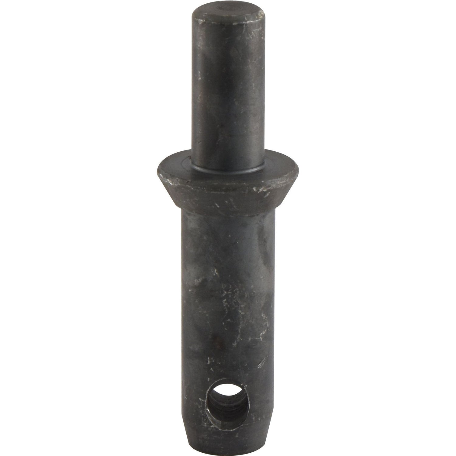 The Lower Link Weld On Implement Mounting Pin 22x137mm Cat. 2, Sparex Part No. S.506, is a cylindrical metal pin featuring a slightly flared middle section and a hole near the bottom, ideal for mounting on Massey Ferguson machinery.