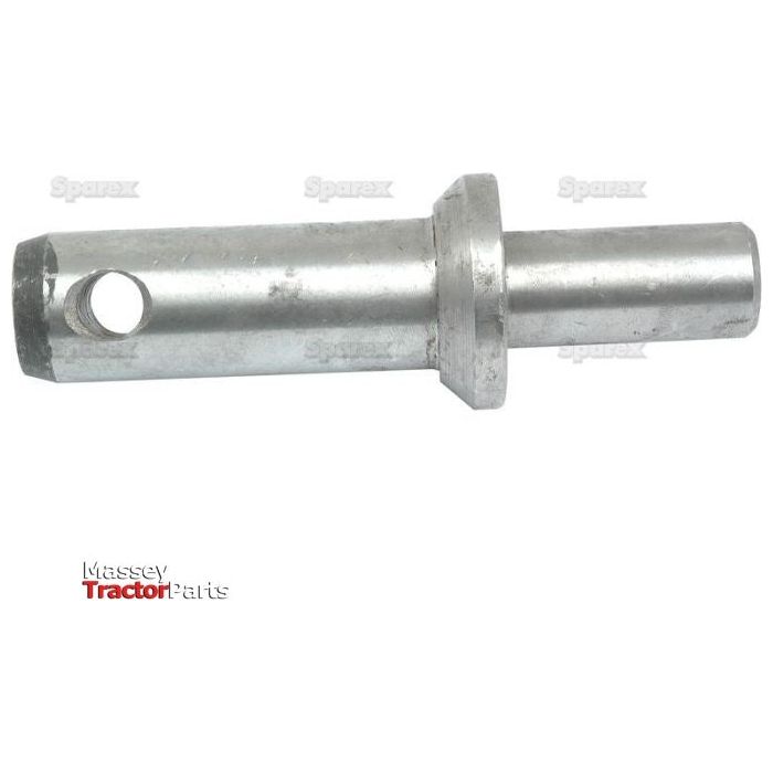 A Sparex Lower Link Weld On Implement Mounting Pin, measuring 22x137mm with a Cat. 2 specification (Sparex Part No. S.506), features a cylindrical shape, a flange in the middle, and a hole at one end. The branding "Massey Tractor Parts" is located at the bottom left corner, making it an ideal attachment for Massey Ferguson pin implements.