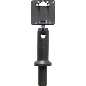 A black Lower Link Weld On Implement Mounting Pin (Sparex Part No. S.900506) by Sparex, featuring a rectangular cap and a vertical pin, ideal for securing trailer hitches.