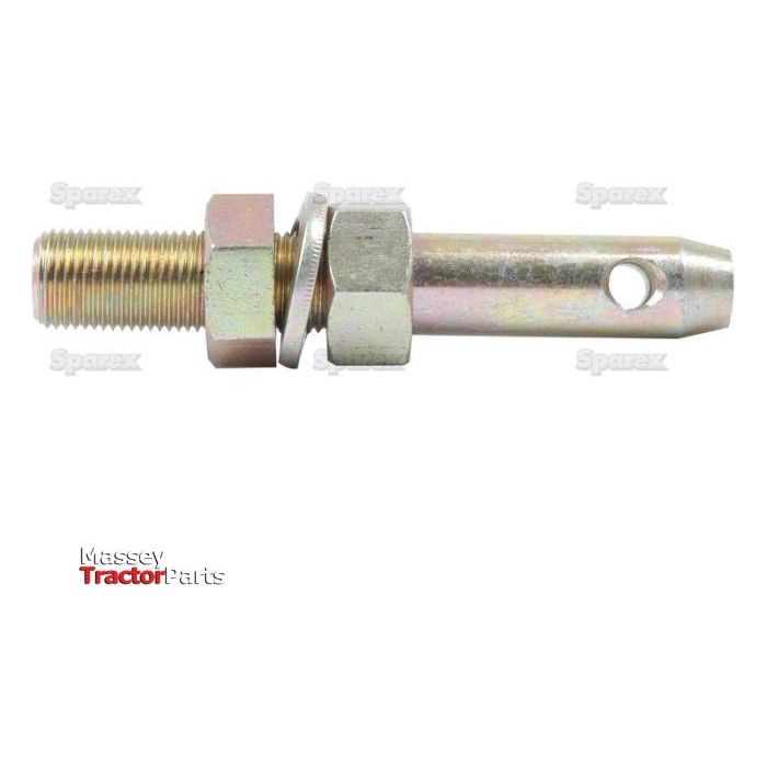 A Sparex Lower Link Implement Pin (16x102mm) featuring a threaded end (5/8''x57mm UNF thread size), hexagonal nut, and a cylindrical body with a hole near the tip. Labeled "Massey Tractor Parts." Ideal for securing various implement attachments. Part No. S.3137, Category 0.