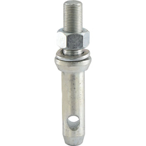 The Sparex Lower Link Implement Pin (Sparex Part No.S.198) has a cylindrical metal body with threading at the top, an attached hex nut, and a hole near the bottom end. It features a thread size of 3/4'' UNF and measures 140mm in overall length.