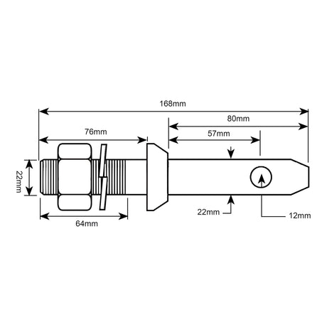 Technical drawing of a Sparex Lower Link Implement Pin (Product Code: S.3004) demonstrates specific dimensions, including an overall length of 168mm, a threaded section length of 64mm (7/8" thread size), and unthreaded sections measuring 57mm and 80mm. The pin is classified under Cat. 1, with diameters clearly indicated in the drawing.
