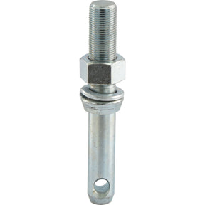 A Lower link implement pin 22x168mm with a 7/8x64mm thread size for Cat. 1 applications, suitable for Sparex use, featuring included washers and a cylindrical pin with a hole at the bottom.