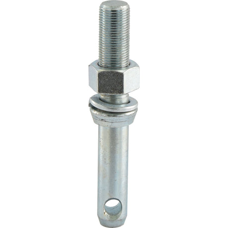 The Sparex Lower Link Implement Pin 22x168mm, with a thread size of 7/8x64mm Cat. 1 - S.3004, is perfect for use as an Agripak implement attachment pin. This metal threaded bolt features a cylindrical shaft with a hole near the base and comes equipped with a hexagonal nut and washers.