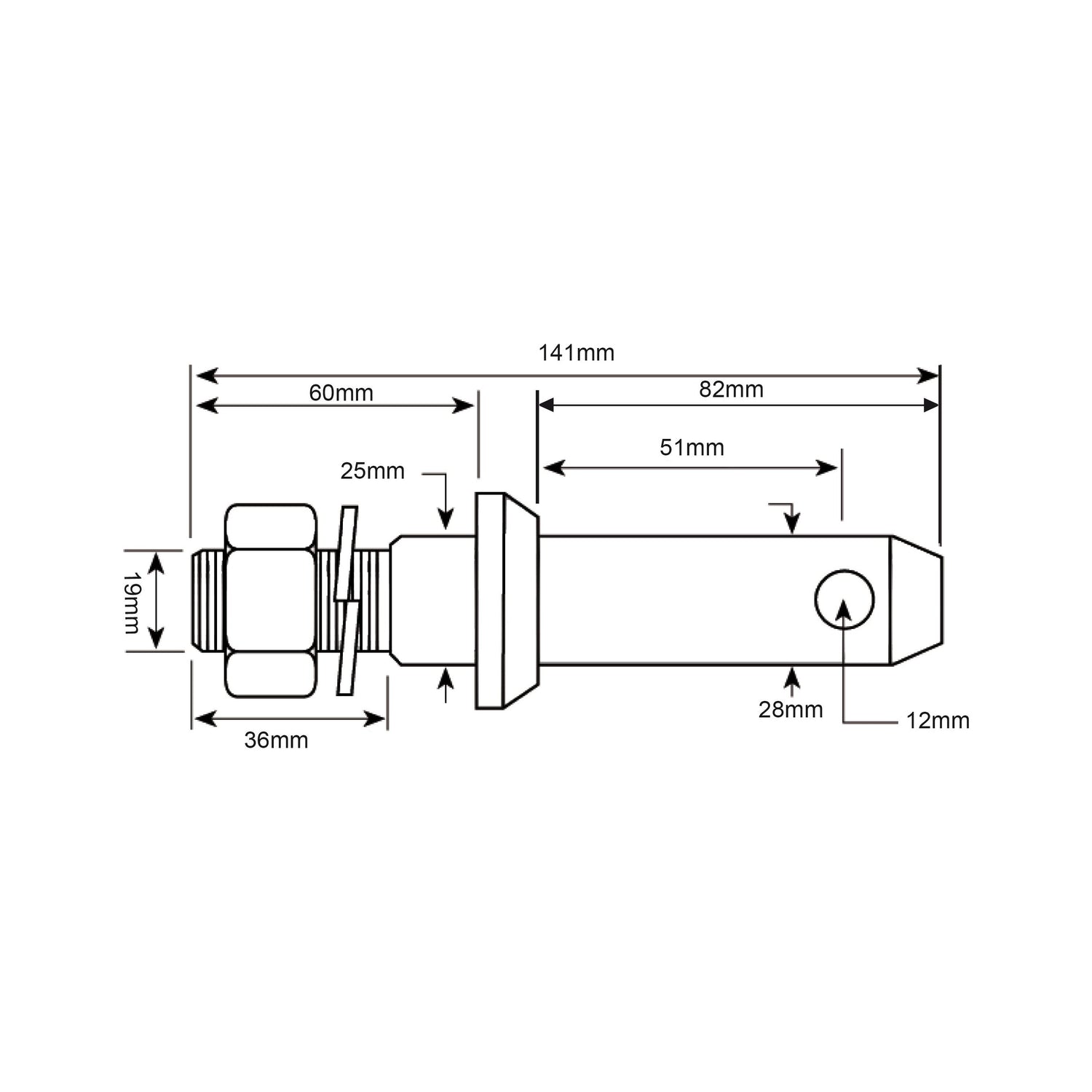 Technical drawing of a Sparex Lower Link Implement Pin, part no. S.196, with detailed measurements: total length 141mm, thread size 3/4'' UNF at the 36mm thread end, middle section diameter of 25mm, and tapered end measuring 28mm in length and 12mm in diameter, indicating holes and threads marked.