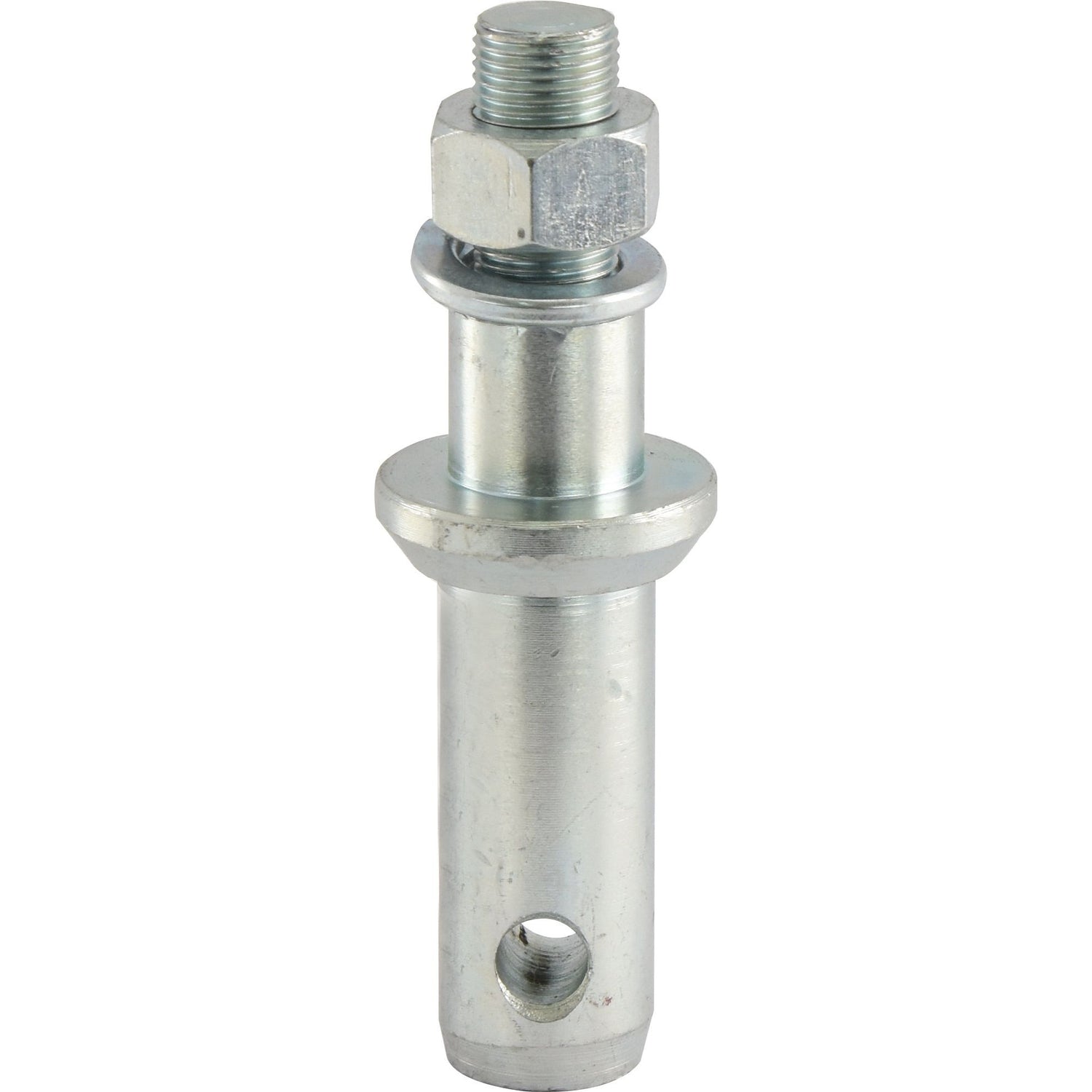 The Lower Link Implement Pin 28x141mm by Sparex (Part No. S.196), features a 3/4'' x 36mm UNF thread on top, a nut, a washer-like flange in the middle, and a hole near the bottom. This product falls under Category 2 specifications.