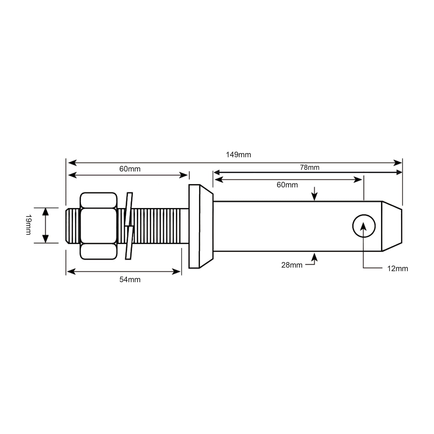 Technical diagram of the Sparex Lower Link Implement Pin 28x149mm, featuring precise measurements: 149mm length, 19mm height, a 12mm diameter hole for the implement attachment pin, a rod diameter of 28mm, and multiple smaller components with specified lengths and a thread size of 3/4'' UNF. The specified product is identified by Sparex Part No.S.197.