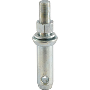 Close-up of the Sparex Lower link implement pin 28x149mm with a hexagonal nut and a hole at the bottom end. This cylindrical pin, featuring a Thread size of 3/4''x54mm Cat. 2, boasts a shiny, silver-colored surface—ideal for those in need of precise attachment. Sparex Part No. S.197.