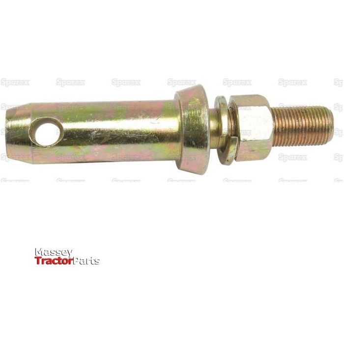 Lower link implement pin 28x149mm with a gold finish, featuring a hole near one end and threading on the other. The "Massey Tractor Parts" logo is visible in the bottom left corner. This implement attachment pin has a thread size of 3/4'' UNF, ideal for Sparex replacements under Part No.S.197.
