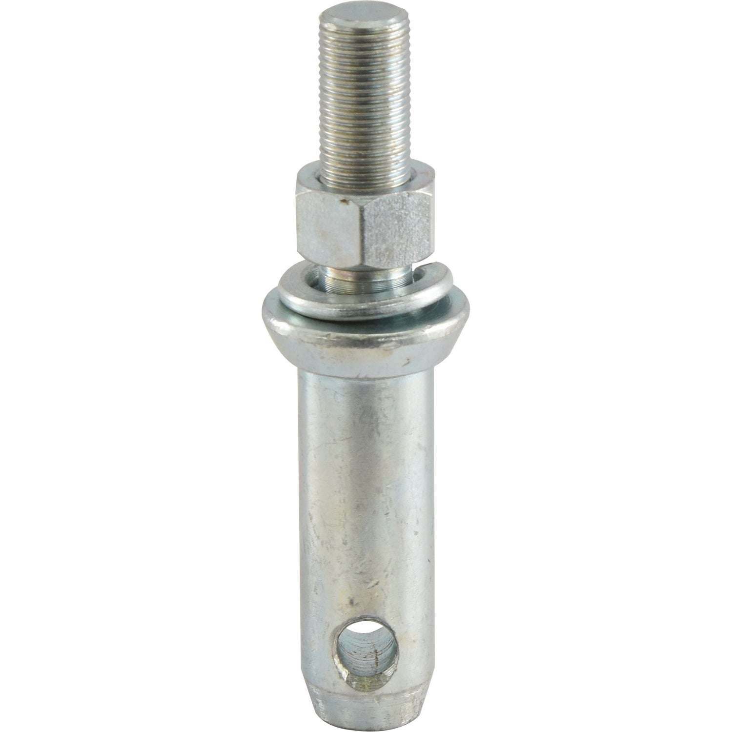 The Sparex Lower Link Implement Pin 28x149mm, Thread size 3/4''x54mm Cat. 2, features a threaded top portion with size 3/4'' UNF, a hexagonal nut in the middle, and a cylindrical base with a hole near the bottom. Perfect for use as an implement attachment pin. (Sparex Part No.S.197)