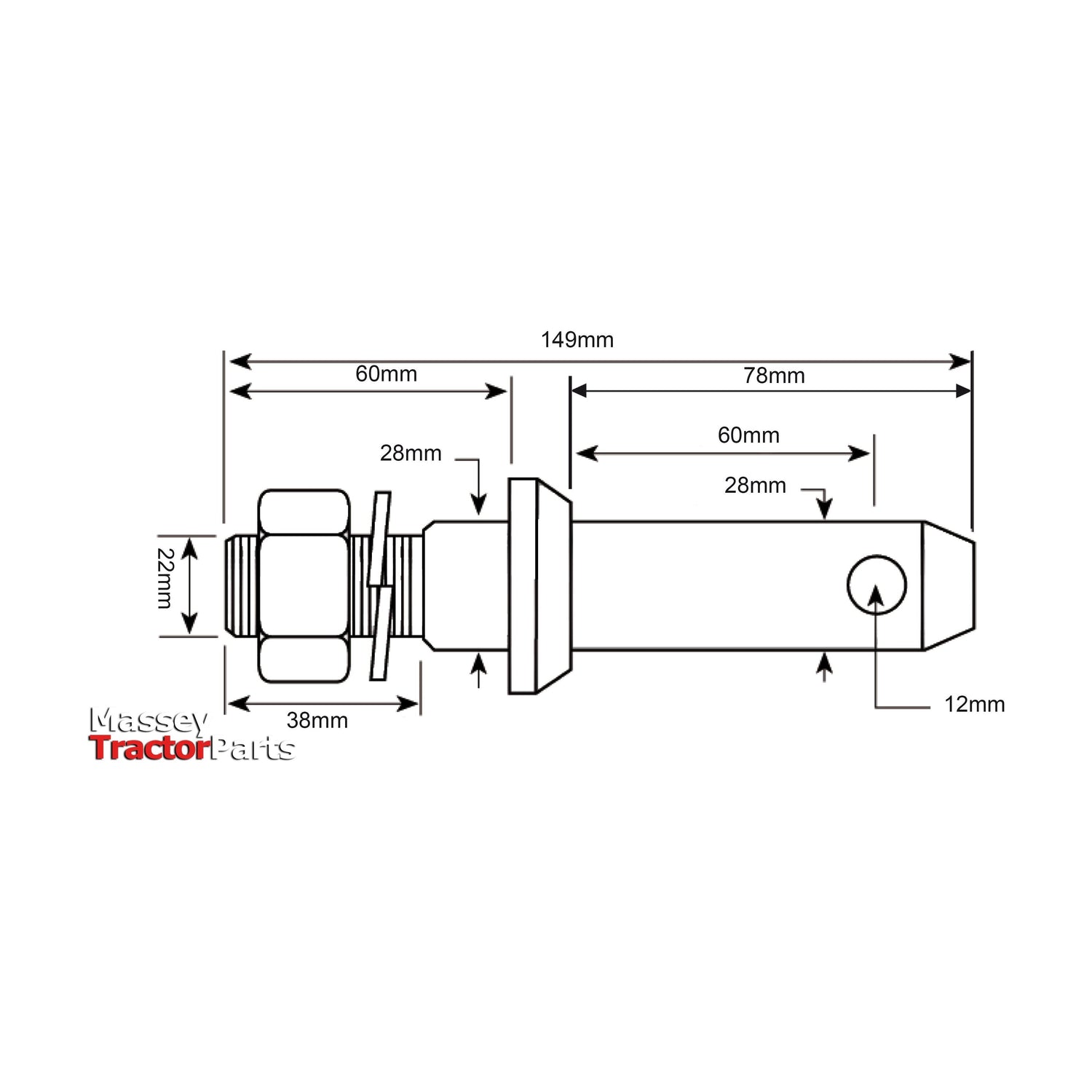Here is a technical diagram of the Sparex Lower Link Implement Pin, part number S.203. The pin measures 149mm in length, with divided sections of 60mm, 28mm, and 78mm. It features diameters of 28mm and 38mm, a threaded section sized at 7/8'' x 38mm Cat.2, a hole diameter of 12mm, and a height of 27mm. This implement pin is suitable for use with Massey Ferguson attachment pins.

