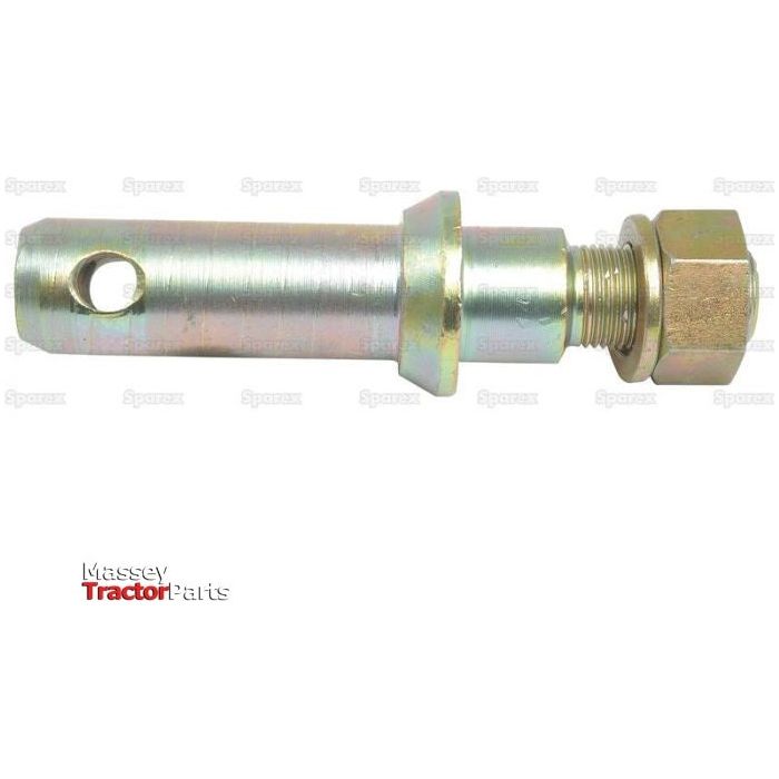 A Lower Link Implement Pin measuring 28x149mm with a thread size of 7/8''x38mm Cat. 2, features an attached hexagonal nut and a hole. The Massey Tractor Parts logo in the bottom left corner ensures compatibility with Massey Ferguson equipment, making it an ideal choice for your needs. This is listed as Sparex Part No.S.203 by the brand Sparex.