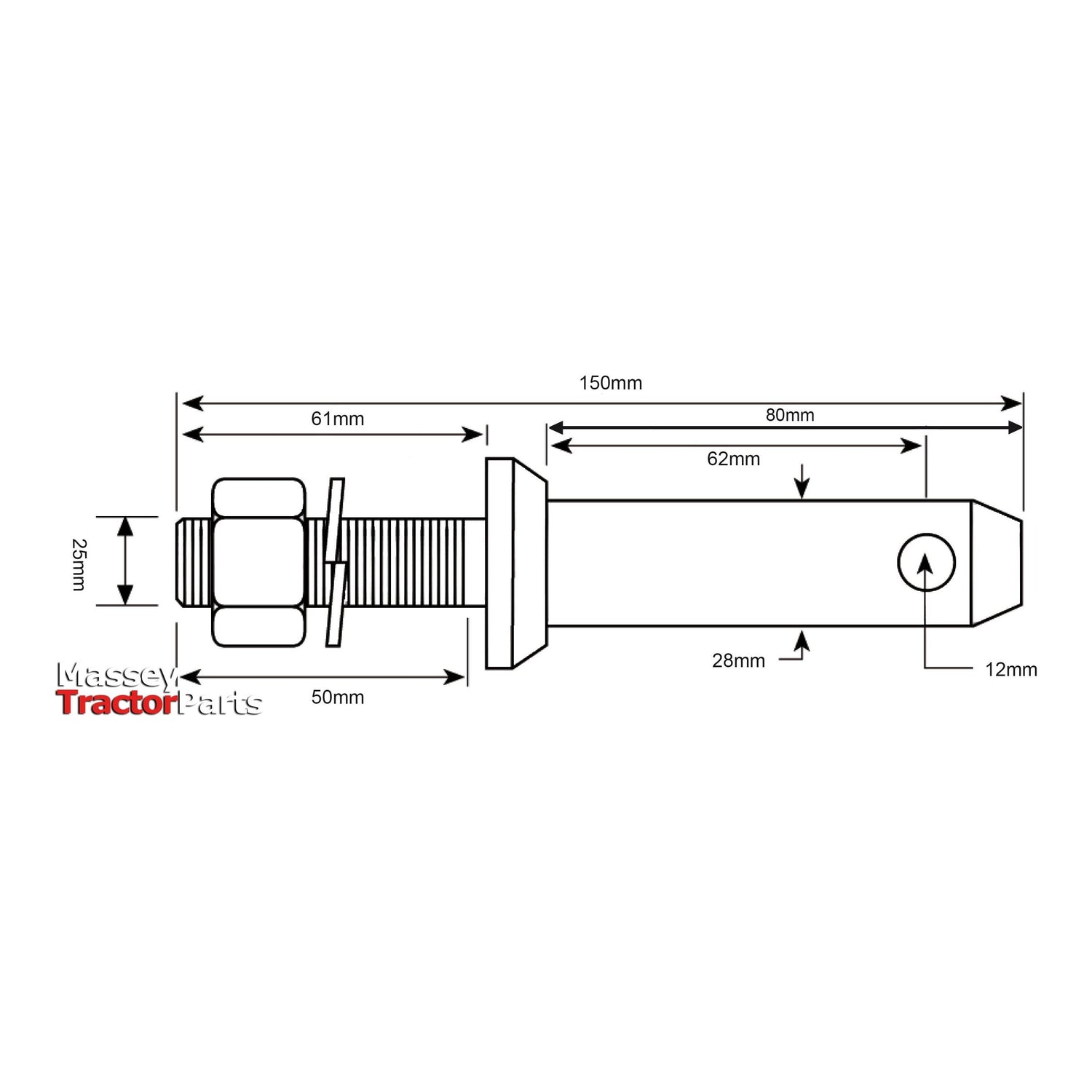 Technical drawing of a lower link implement pin 28x150mm. Dimensions: length 150mm, shank 28mm diameter, threaded part 50mm with thread size M24 x 1.50, and arrows indicating other measurements. Text "Sparex" on the left side, denoting Sparex Part No.S.29220" for Massey Tractor Parts Category 2 applications.