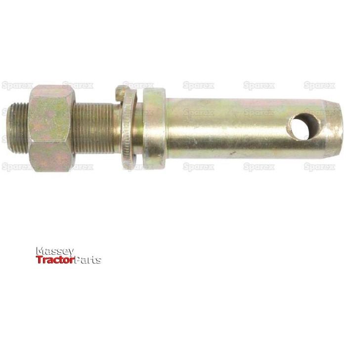 A Lower link implement pin 28x150mm with threaded ends (Thread size M24 x 1.50x50mm Cat. 2), a hex nut, a cylindrical body, and a hole drilled through one end is labeled with the Sparex brand and marked as Part No.S.29220. The Massey Tractor Parts logo is visible at the bottom left along with the working length details.